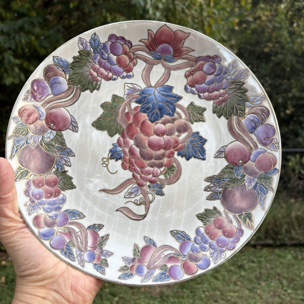 Vtg Oriental Accent Inc 10" Cloisonne Plate Hang Stand Decor Iridescent Grapes